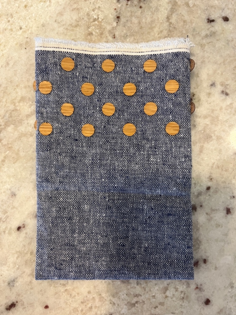 Navy Blue Linen Pocket Square with Faux Wood Dot Accents
